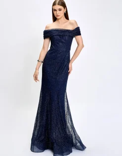 Formal / Prom Dresses | Maxi Dresses<Bariano ALIANNA OFF SHOULDER GLITTER GOWN B75D88L NAVY