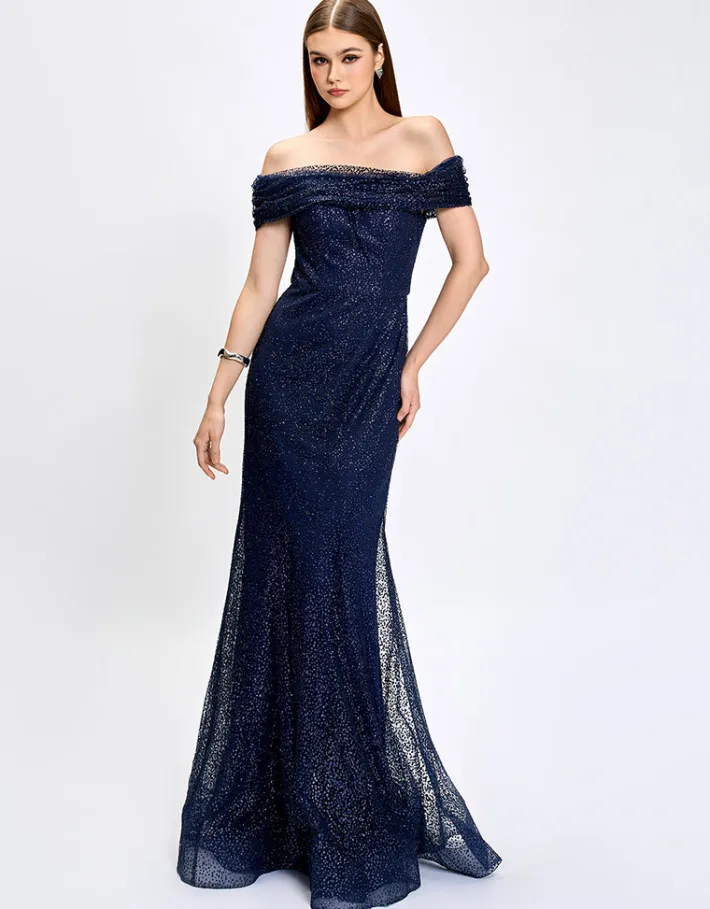 Formal / Prom Dresses | Maxi Dresses<Bariano ALIANNA OFF SHOULDER GLITTER GOWN B75D88L NAVY