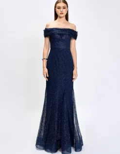 Formal / Prom Dresses | Maxi Dresses<Bariano ALIANNA OFF SHOULDER GLITTER GOWN B75D88L NAVY