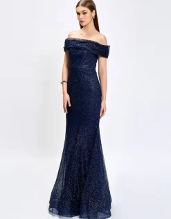 Formal / Prom Dresses | Maxi Dresses<Bariano ALIANNA OFF SHOULDER GLITTER GOWN B75D88L NAVY
