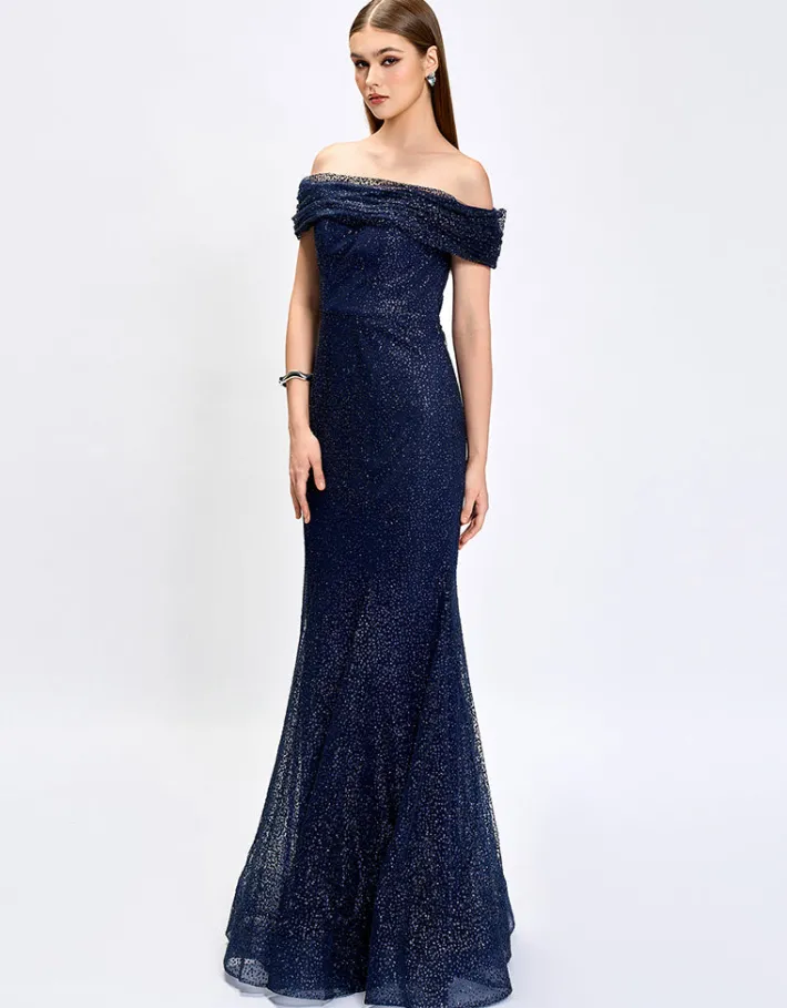Formal / Prom Dresses | Maxi Dresses<Bariano ALIANNA OFF SHOULDER GLITTER GOWN B75D88L NAVY