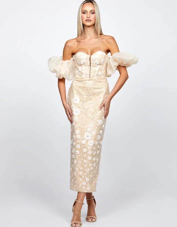 Midi Dresses | All Dresses<Bariano ASTER EMBROIDERED COLUMN MIDI B72D61S WHITE/NUDE