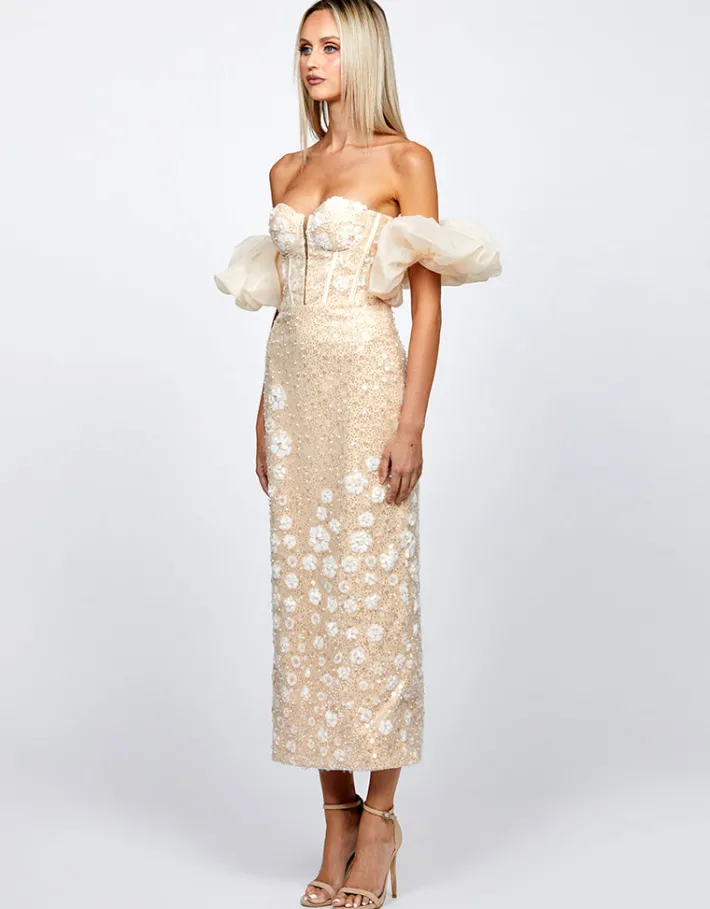 Midi Dresses | All Dresses<Bariano ASTER EMBROIDERED COLUMN MIDI B72D61S WHITE/NUDE