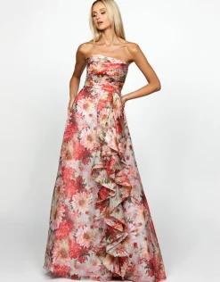 Gowns / Ballgowns | All Dresses<Bariano BLAIRE STRAPLESS CASCADING RUFFLE GOWN B69D13L FLORAL MULTI