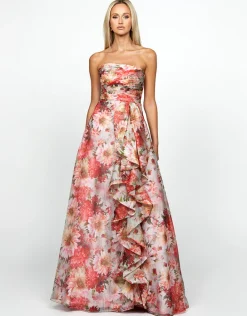 Gowns / Ballgowns | All Dresses<Bariano BLAIRE STRAPLESS CASCADING RUFFLE GOWN B69D13L FLORAL MULTI