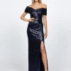 Maxi Dresses | All Dresses<Bariano EVANIE DRAPED OFF SHOULDER SEQUIN GOWN B68D12L NAVY