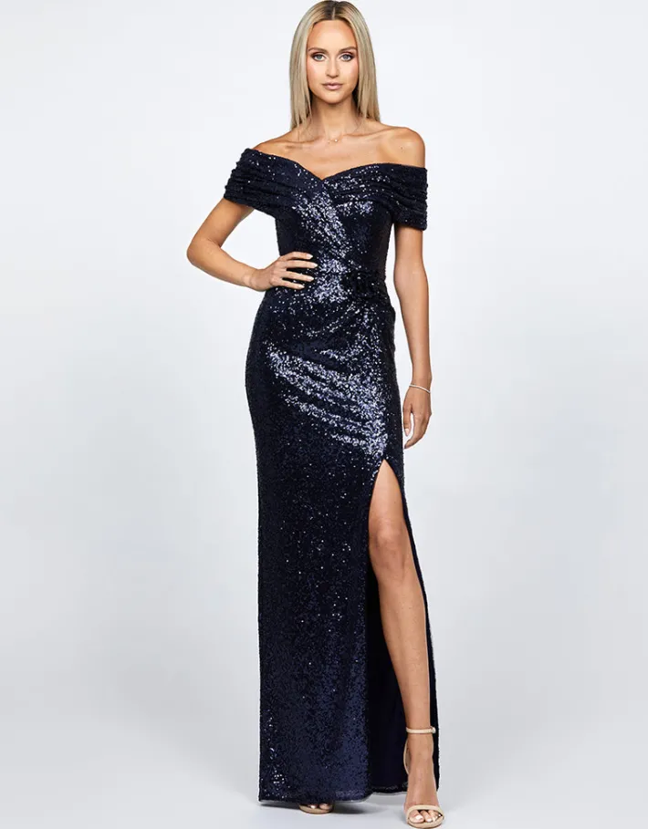 Maxi Dresses | All Dresses<Bariano EVANIE DRAPED OFF SHOULDER SEQUIN GOWN B68D12L NAVY