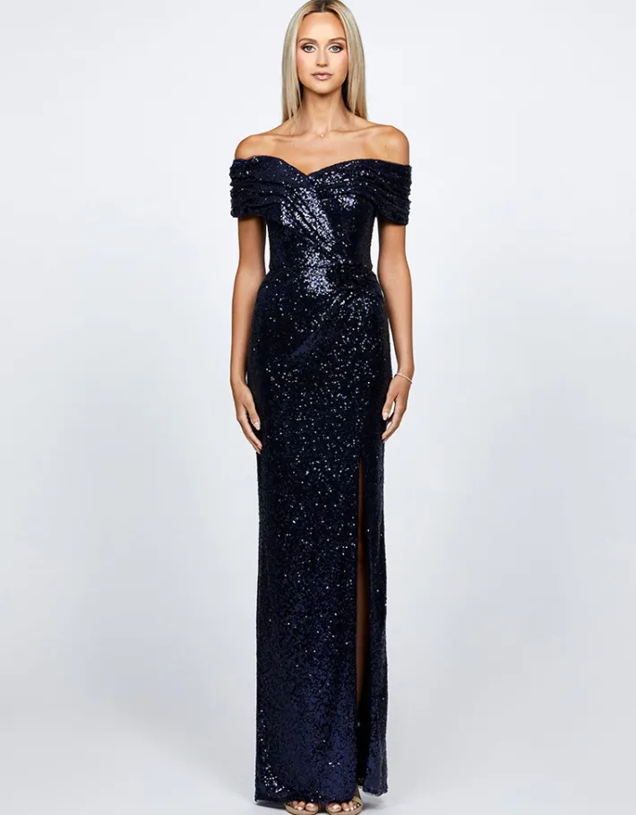 Maxi Dresses | All Dresses<Bariano EVANIE DRAPED OFF SHOULDER SEQUIN GOWN B68D12L NAVY