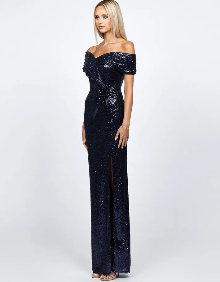 Maxi Dresses | All Dresses<Bariano EVANIE DRAPED OFF SHOULDER SEQUIN GOWN B68D12L NAVY
