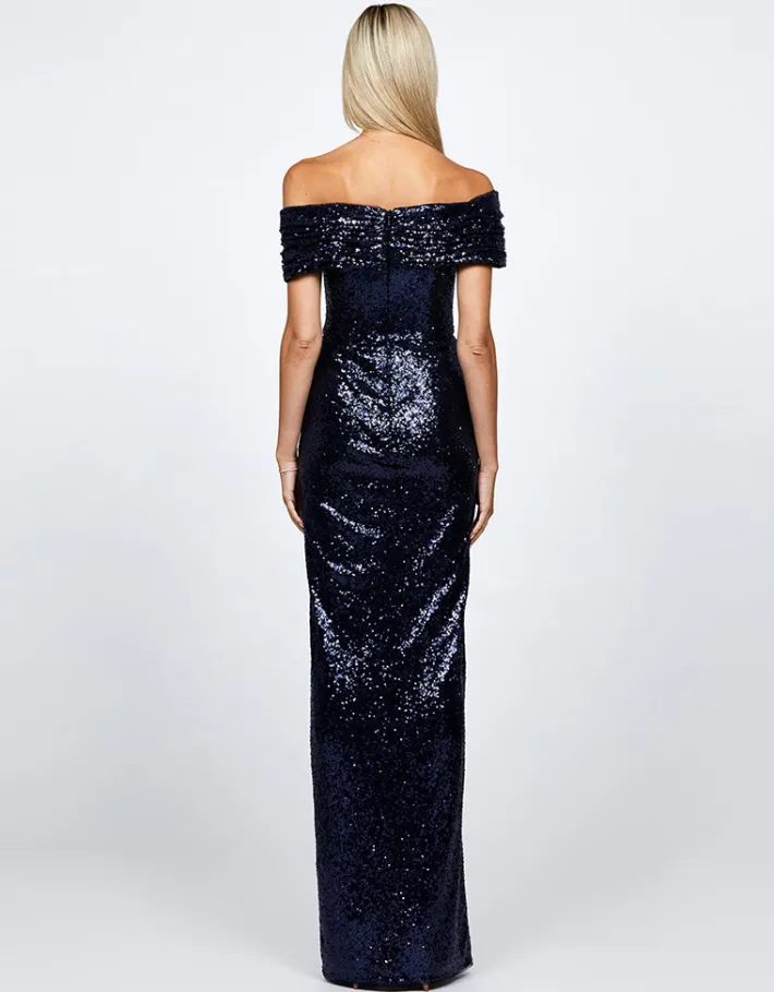 Maxi Dresses | All Dresses<Bariano EVANIE DRAPED OFF SHOULDER SEQUIN GOWN B68D12L NAVY