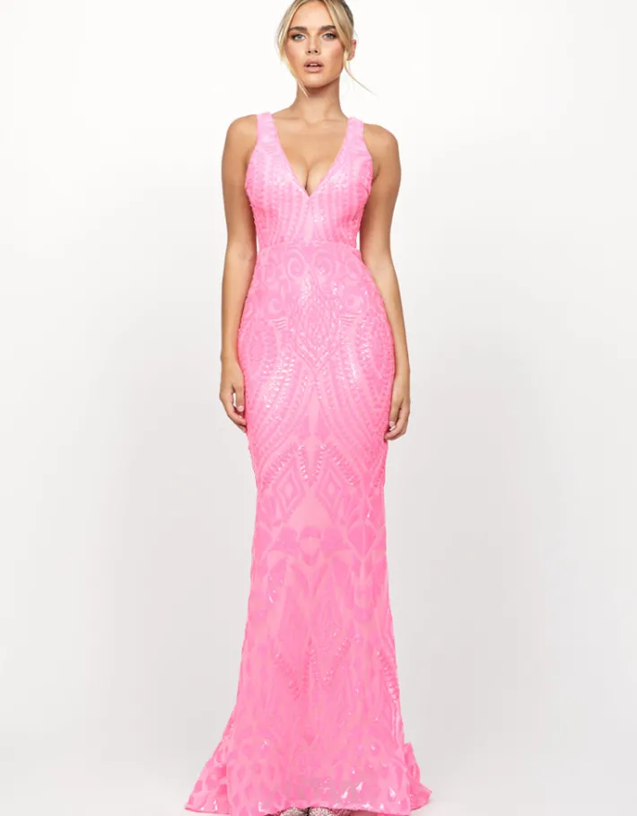 Maxi Dresses | All Dresses<Bariano HARITA V NECK FISHTAIL GOWN B73D03L HOT PINK
