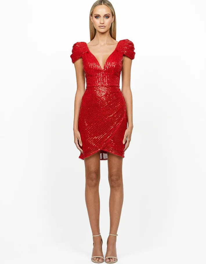 Mini Dresses | All Dresses<Bariano ISADORA DRAPED SLEEVE MINI BL56D13S RED