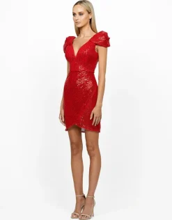 Mini Dresses | All Dresses<Bariano ISADORA DRAPED SLEEVE MINI BL56D13S RED