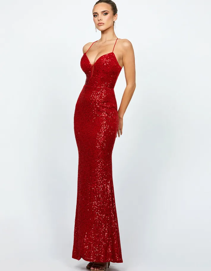 Maxi Dresses<Bariano KIMBERLY STRAPPY SEQUIN GOWN B74D26L RED