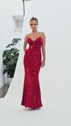 Maxi Dresses<Bariano KIMBERLY STRAPPY SEQUIN GOWN B74D26L RED