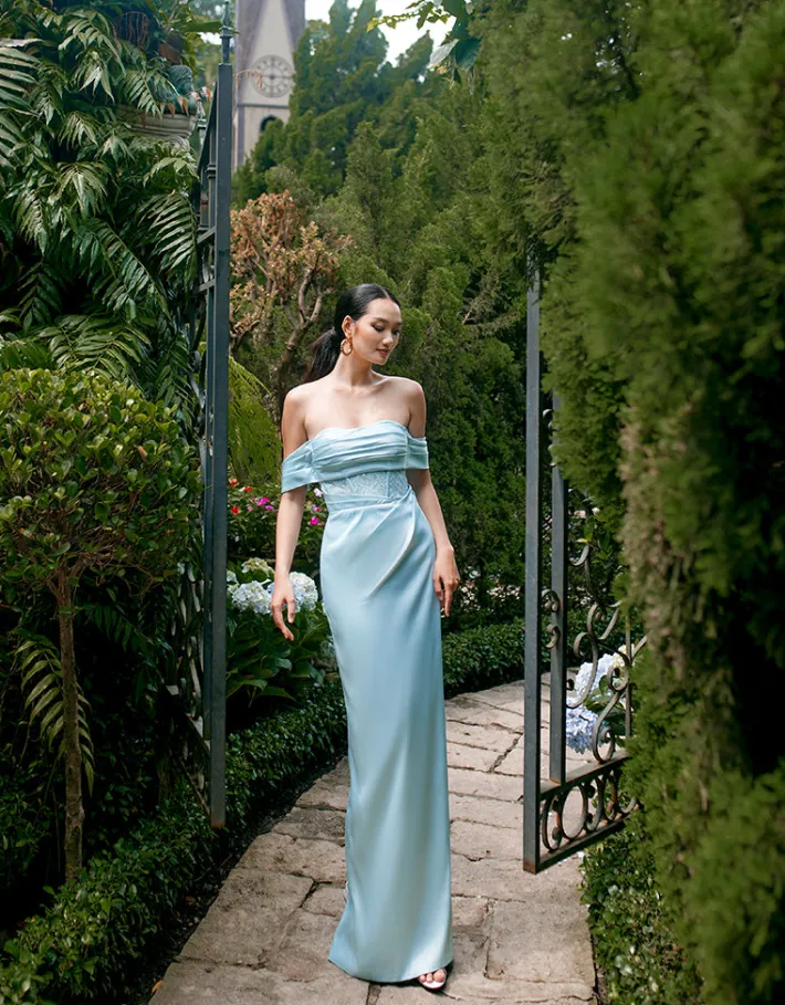 Formal / Prom Dresses | Gowns / Ballgowns<Bariano KORI OFF SHOULDER PLEATED CORSET GOWN B69D35L LIGHT BLUE