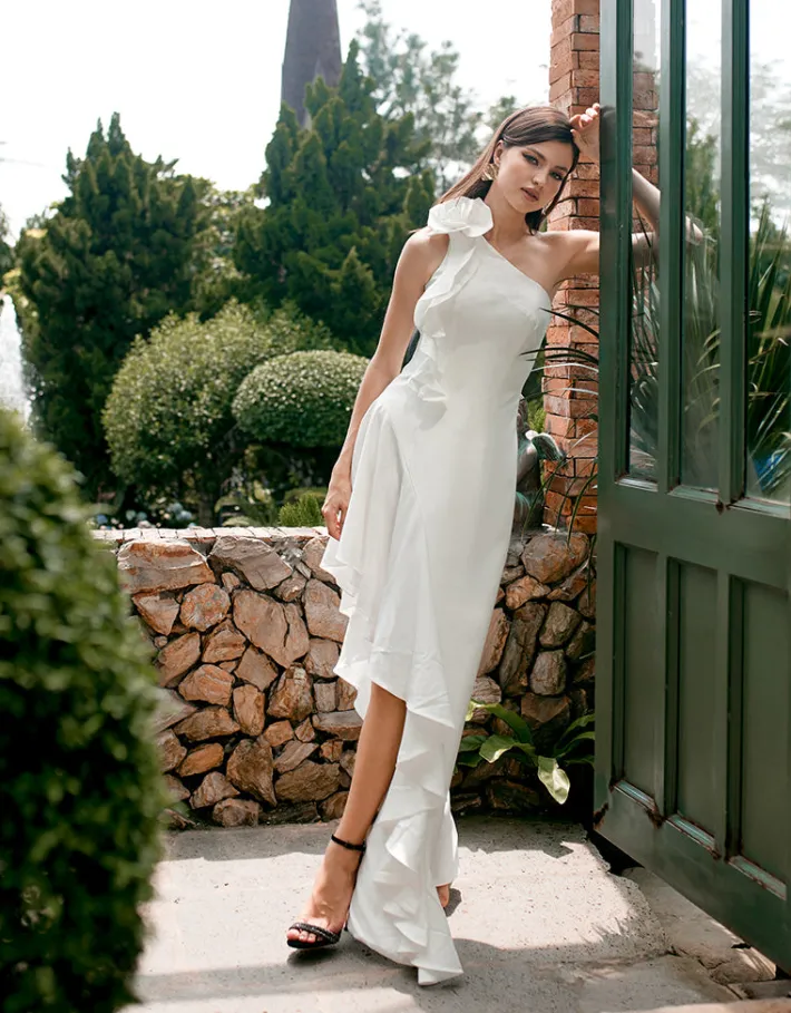 Maxi Dresses<Bariano LATTICE ONE SHOULDER ROSETTE FRILL GOWN B68D28L WHITE