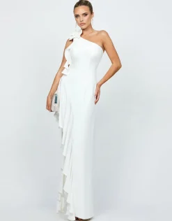 Maxi Dresses<Bariano LATTICE ONE SHOULDER ROSETTE FRILL GOWN B68D28L WHITE