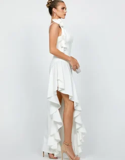 Maxi Dresses<Bariano LATTICE ONE SHOULDER ROSETTE FRILL GOWN B68D28L WHITE