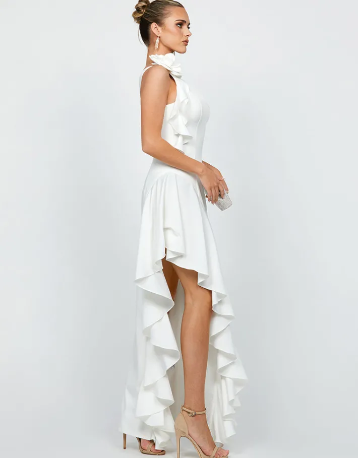 Maxi Dresses<Bariano LATTICE ONE SHOULDER ROSETTE FRILL GOWN B68D28L WHITE
