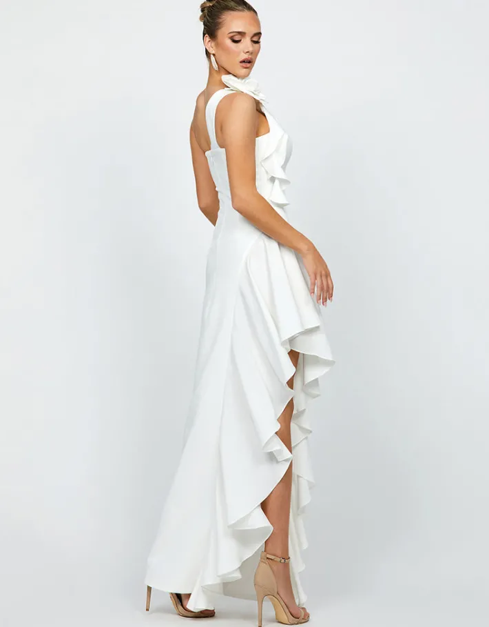 Maxi Dresses<Bariano LATTICE ONE SHOULDER ROSETTE FRILL GOWN B68D28L WHITE