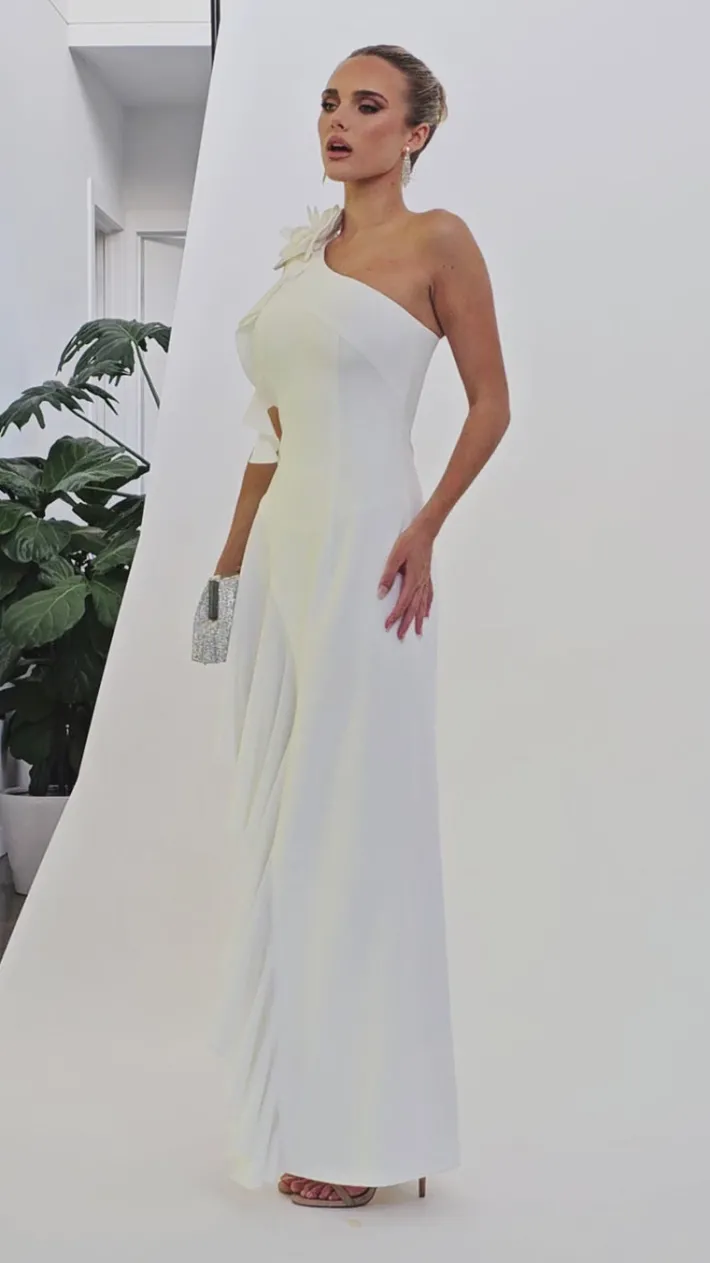 Maxi Dresses<Bariano LATTICE ONE SHOULDER ROSETTE FRILL GOWN B68D28L WHITE