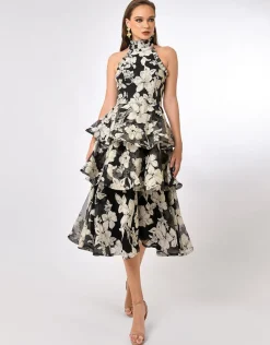 Midi Dresses | All Dresses<Bariano LENNOX TRIPLE TIERED ORGANZA MIDI BL70D30S BLACK/WHITE