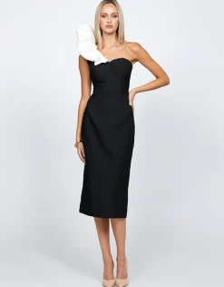 Midi Dresses | All Dresses<Bariano LINDY ONE SHOULDER PUFF MIDI BL71D05S BLACK/WHITE