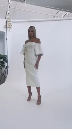 Midi Dresses | All Dresses<Bariano LIORA PUFF OFF SHOULDER MIDI B67D42S WHITE
