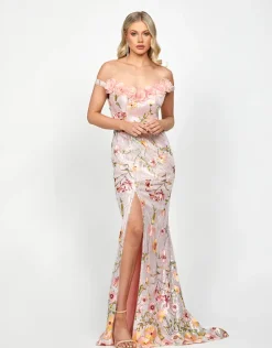 Formal / Prom Dresses | Maxi Dresses<Bariano LORIE SCOOPED OFF SHOULDER GOWN B73D38L SILVER/PINK MULTI