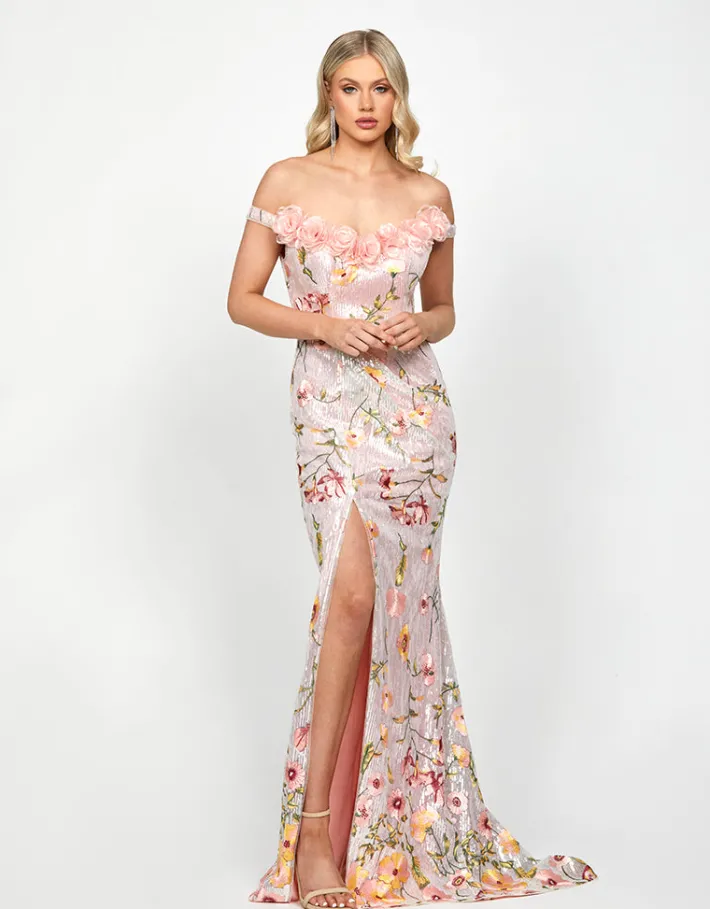 Formal / Prom Dresses | Maxi Dresses<Bariano LORIE SCOOPED OFF SHOULDER GOWN B73D38L SILVER/PINK MULTI
