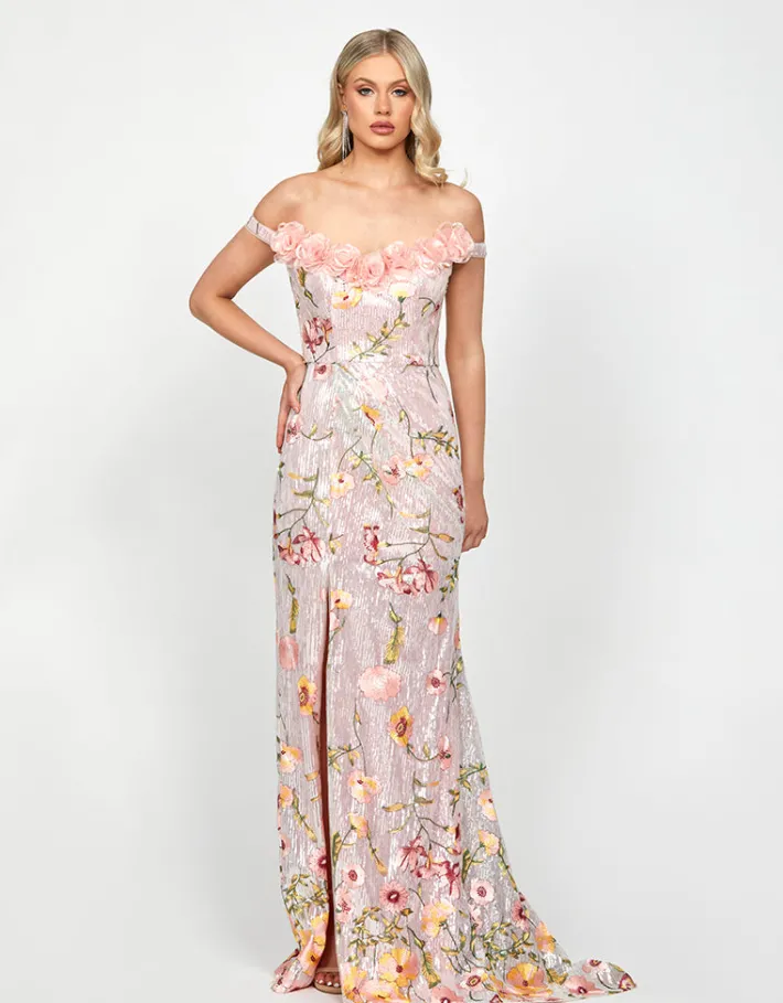 Formal / Prom Dresses | Maxi Dresses<Bariano LORIE SCOOPED OFF SHOULDER GOWN B73D38L SILVER/PINK MULTI