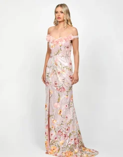 Formal / Prom Dresses | Maxi Dresses<Bariano LORIE SCOOPED OFF SHOULDER GOWN B73D38L SILVER/PINK MULTI