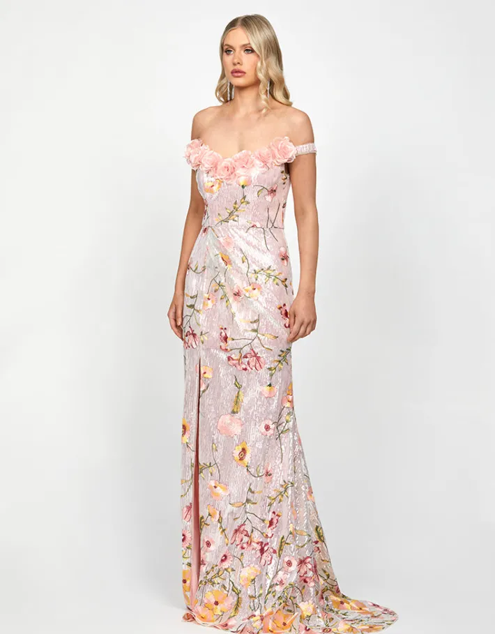 Formal / Prom Dresses | Maxi Dresses<Bariano LORIE SCOOPED OFF SHOULDER GOWN B73D38L SILVER/PINK MULTI