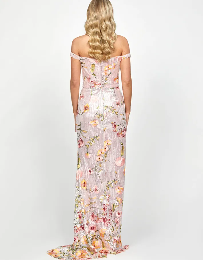 Formal / Prom Dresses | Maxi Dresses<Bariano LORIE SCOOPED OFF SHOULDER GOWN B73D38L SILVER/PINK MULTI
