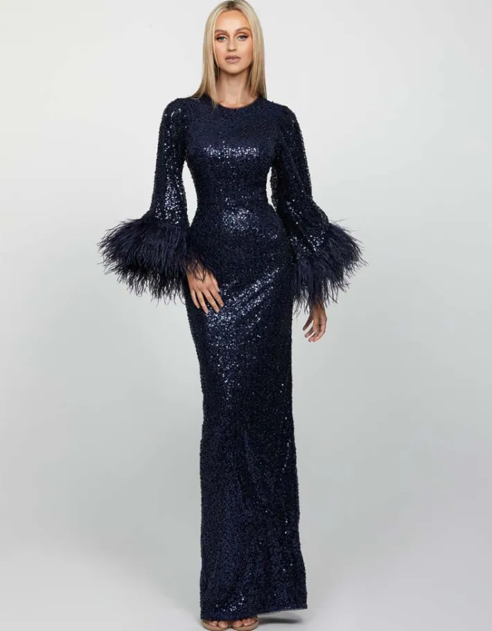 Maxi Dresses | All Dresses<Bariano LOTUS FEATHER GOWN B65D11L NAVY/NAVY