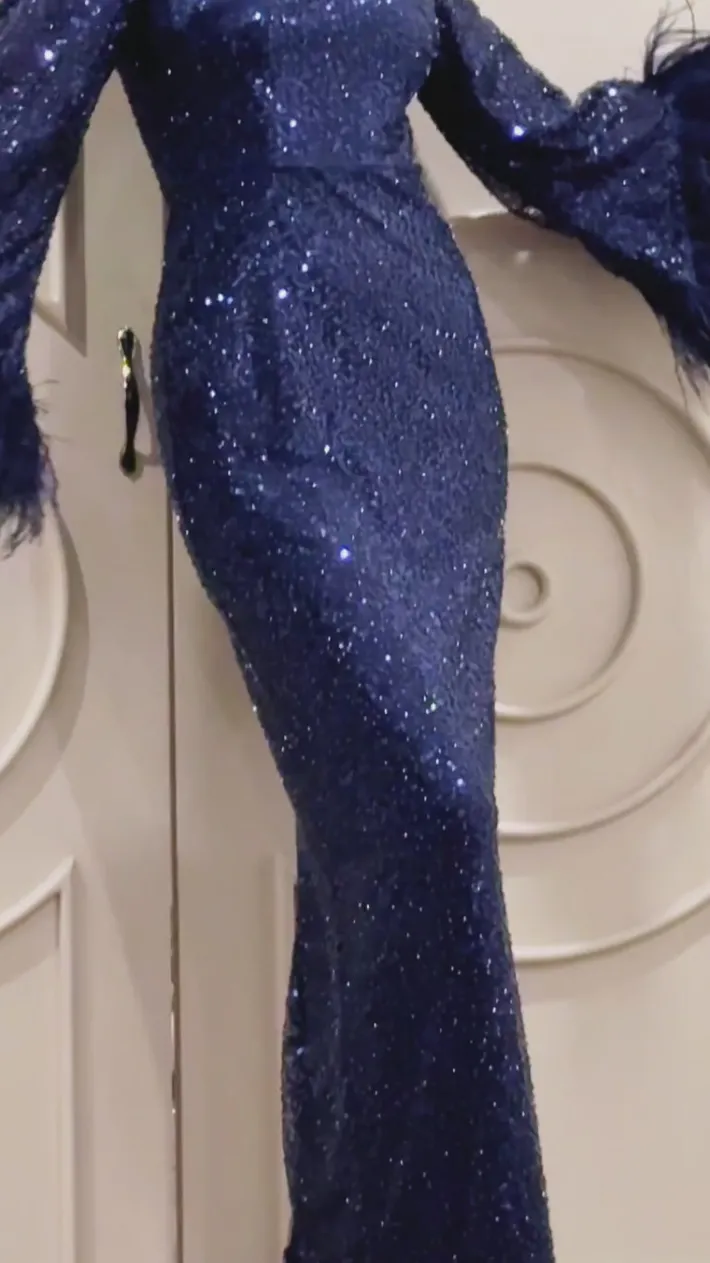 Maxi Dresses | All Dresses<Bariano LOTUS FEATHER GOWN B65D11L NAVY/NAVY