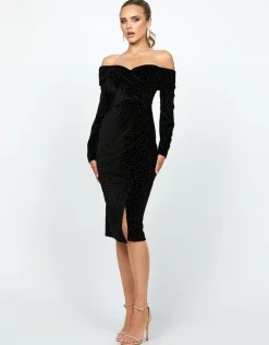 Midi Dresses<Bariano MELANIE RUCHED OFF SHOULER MIDI BL74D02S BLACK