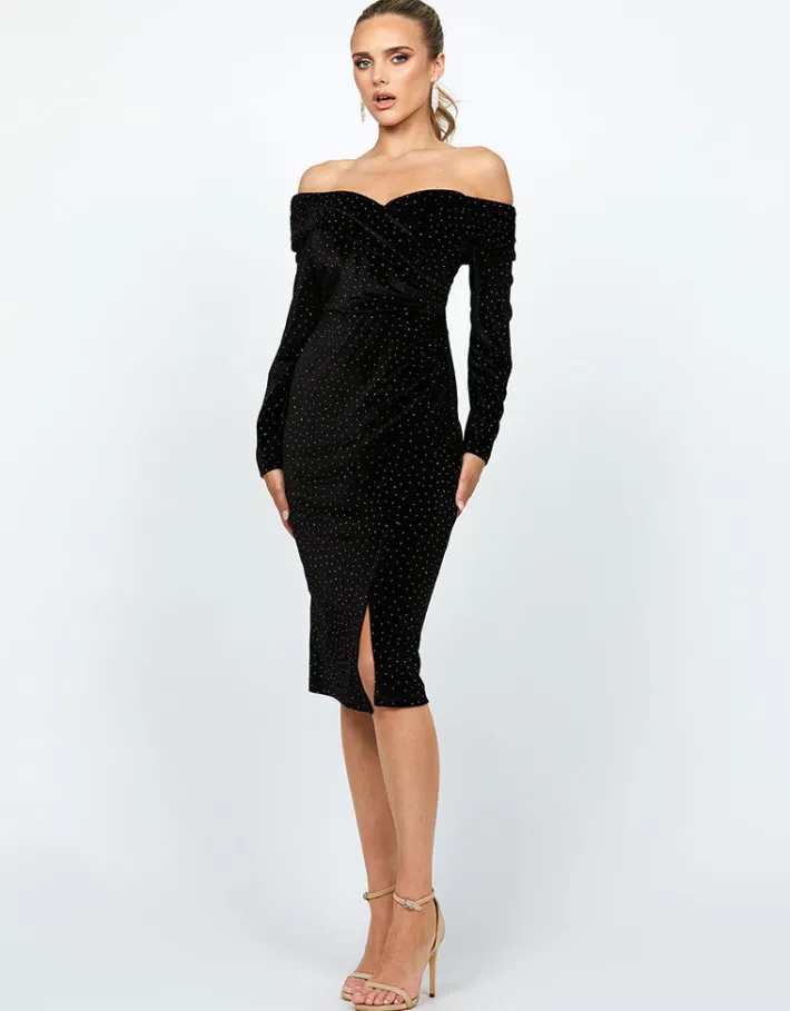 Midi Dresses<Bariano MELANIE RUCHED OFF SHOULER MIDI BL74D02S BLACK