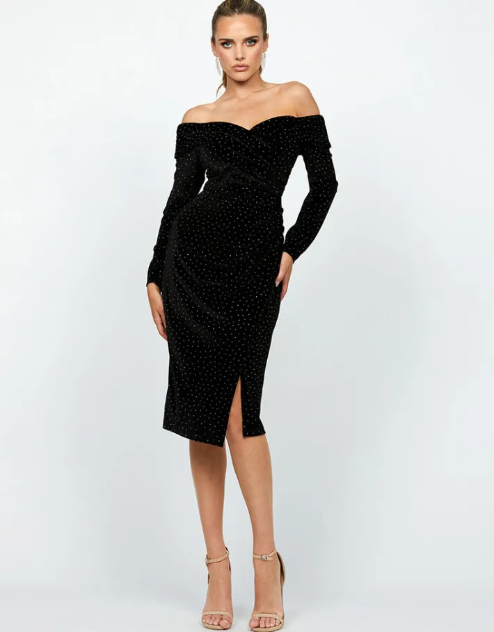 Midi Dresses<Bariano MELANIE RUCHED OFF SHOULER MIDI BL74D02S BLACK