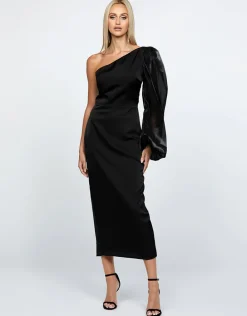 Long Sleeve Dresses | Midi Dresses<Bariano NYSSA ONE SLEEVE MIDI B67D41S BLACK