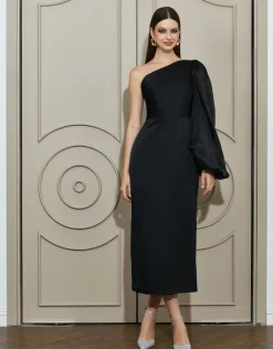 Long Sleeve Dresses | Midi Dresses<Bariano NYSSA ONE SLEEVE MIDI B67D41S BLACK