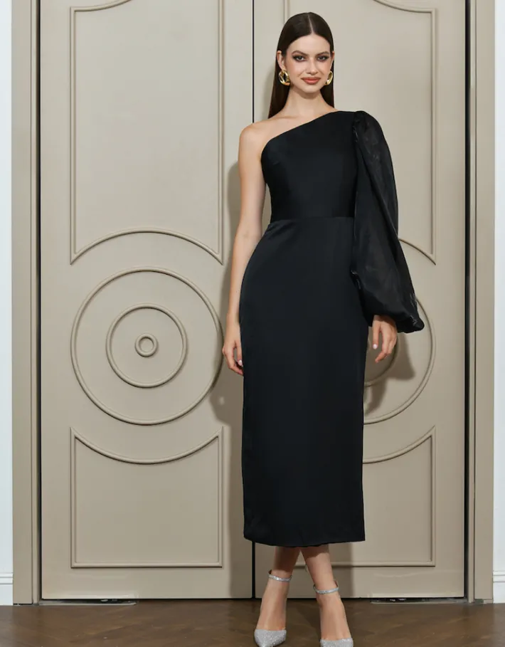 Long Sleeve Dresses | Midi Dresses<Bariano NYSSA ONE SLEEVE MIDI B67D41S BLACK
