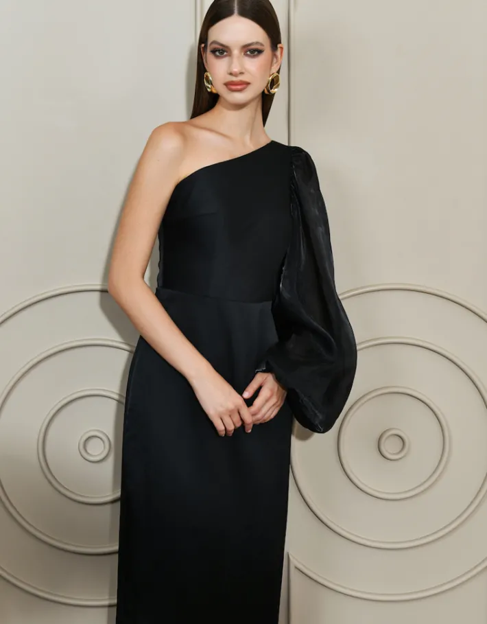 Long Sleeve Dresses | Midi Dresses<Bariano NYSSA ONE SLEEVE MIDI B67D41S BLACK