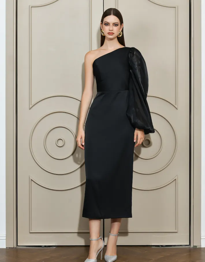 Long Sleeve Dresses | Midi Dresses<Bariano NYSSA ONE SLEEVE MIDI B67D41S BLACK