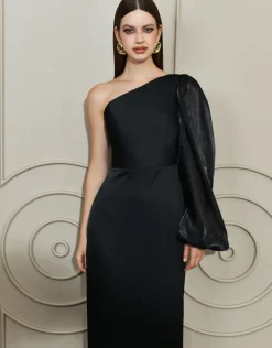 Long Sleeve Dresses | Midi Dresses<Bariano NYSSA ONE SLEEVE MIDI B67D41S BLACK