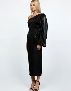 Long Sleeve Dresses | Midi Dresses<Bariano NYSSA ONE SLEEVE MIDI B67D41S BLACK