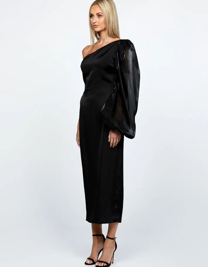 Long Sleeve Dresses | Midi Dresses<Bariano NYSSA ONE SLEEVE MIDI B67D41S BLACK