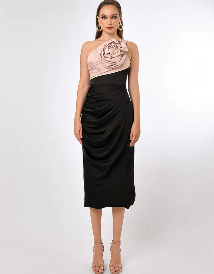 Formal / Prom Dresses | All Dresses<Bariano QUINLEY ONE SHOULDER ROSETTE MIDI BL70D54S BLACK/BLUSH