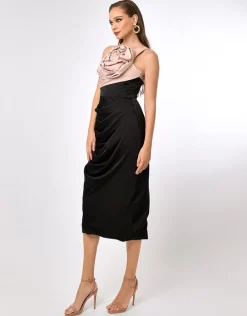 Formal / Prom Dresses | All Dresses<Bariano QUINLEY ONE SHOULDER ROSETTE MIDI BL70D54S BLACK/BLUSH